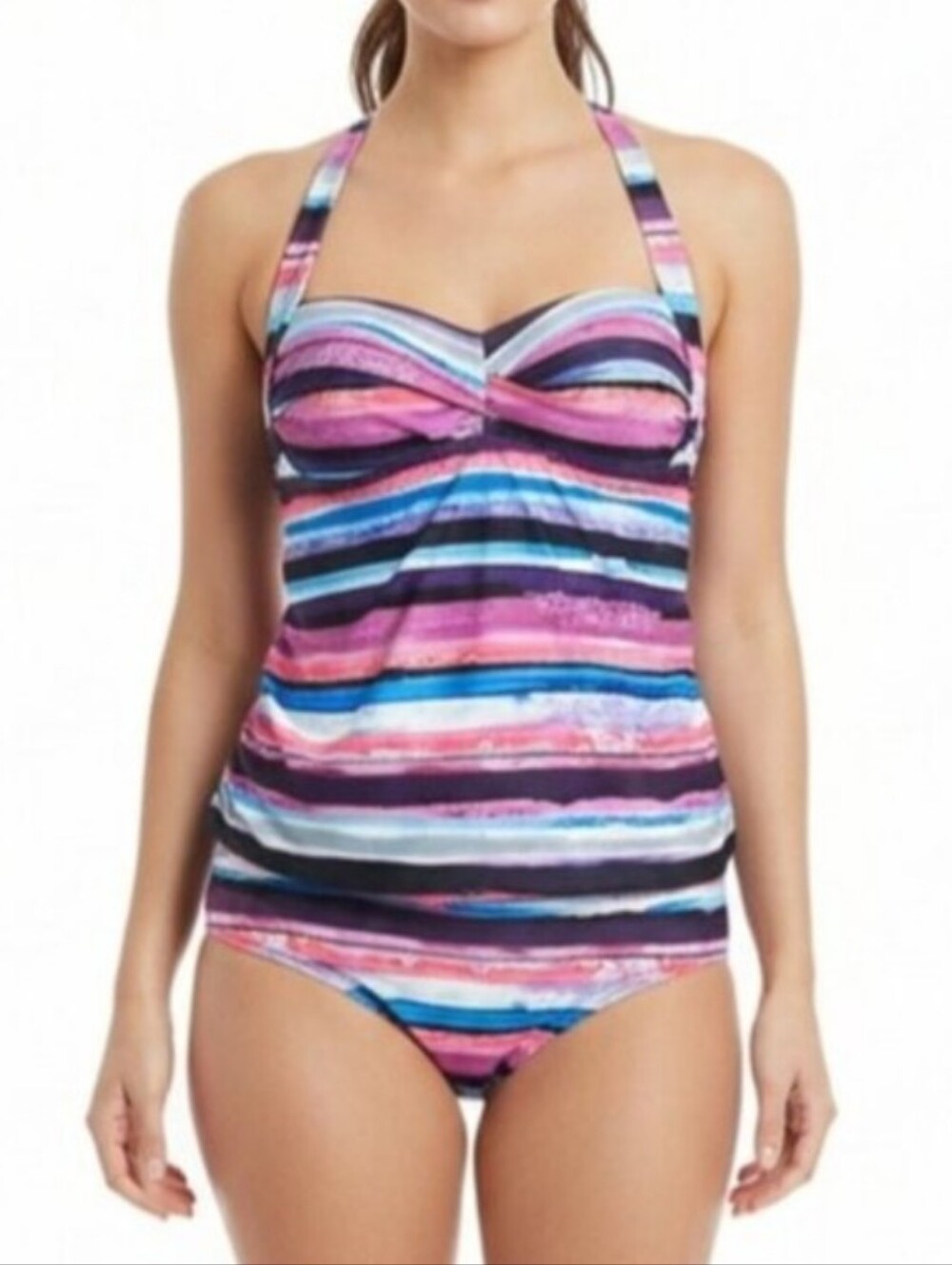 Shore Club Striped Halter Tankini Top Swimsuit Tank Womens Size 16 Built In Bra